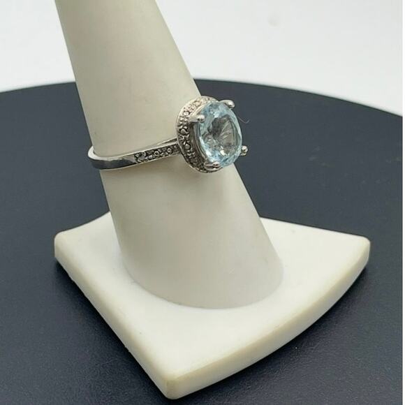 Blue Topaz Sterling Silver Halo‎ Vintage Style 10x6mm Oval Gemstone Ring Sz 8.5 - Picture 3 of 6